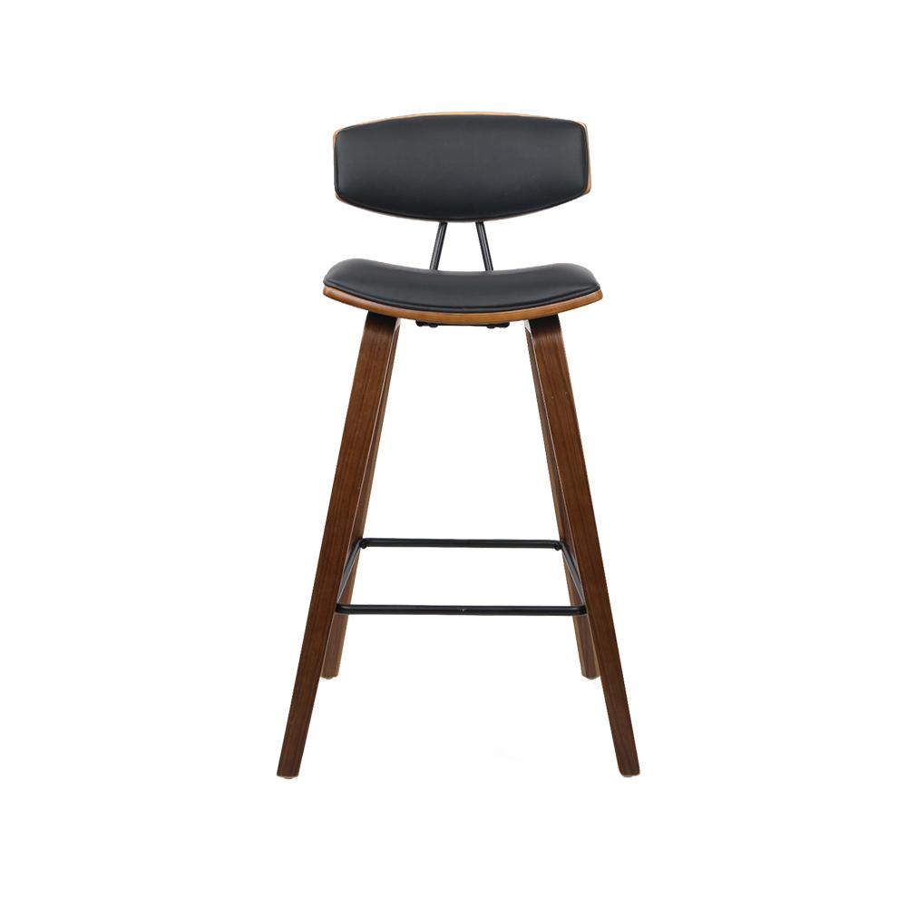 Artiss Set of 4 PU Leather Circular Footrest Bar Stools in Black with dark wood frame and chrome footrest, showcasing elegant design and comfort.